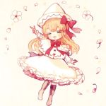  1girl blonde_hair blush bow closed_eyes dress flower hat lily_white long_hair lowres open_mouth smile solo touhou yujup 
