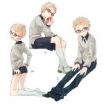  1boy :t alternate_costume apple blonde_hair blue_eyes eating food fruit glasses hakata_toushirou ichinashi kneehighs kneeling male_focus pants red-framed_glasses shorts sitting touken_ranbu white_legwear 