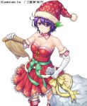  1girl bare_shoulders boots breasts christmas cleavage company_name copyright_name detached_collar elbow_gloves gloves hair_ornament hat komase_(jkp423) print_hat purple_hair sack sangoku_infinity santa_costume santa_hat scroll short_hair simple_background solo star_print thigh-highs thigh_boots violet_eyes white_background white_gloves 