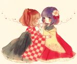  2girls back bell blush checkered checkered_shirt floral_print flower frills hair_bell hair_flower hair_ornament hand_on_another&#039;s_face hieda_no_akyuu japanese_clothes kimono looking_at_another motoori_kosuzu multiple_girls orange_eyes orange_hair profile purple_hair shirt short_hair simple_background sitting skirt smile touhou twintails vest violet_eyes yujup yuri 