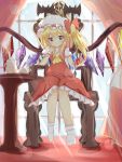  1girl ankle_socks apple ascot bat blonde_hair carpet chair cup curtains flandre_scarlet food fruit glint haizakurakanon hand_in_hair hat hat_ribbon highres knees_together_feet_apart looking_at_viewer mob_cap no_shoes red_eyes ribbon short_hair side_ponytail sitting skirt skirt_set smile solo teacup teapot touhou window wings wrist_cuffs 