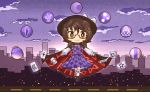  1girl akihiyo brown_eyes brown_hair cape chibi cityscape clouds glasses hat highres kneehighs low_twintails occult_ball plaid red-framed_glasses school_uniform sky smile star_(sky) starry_sky touhou twintails usami_sumireko white_legwear 