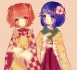  2girls apron bell blush book bow brush checkered floral_print flower hair_bell hair_bow hair_flower hair_ornament hieda_no_akyuu japanese_clothes kimono long_sleeves looking_at_another lowres motoori_kosuzu multiple_girls purple_hair red_eyes redhead ribbon short_hair smile touhou twintails violet_eyes wide_sleeves yujup 