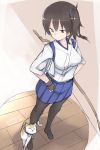  1girl bell bell_collar bow_(weapon) brown_eyes brown_hair cat collar gloves highres japanese_clothes kaga_(kantai_collection) kantai_collection mku side_ponytail sketch solo thigh-highs weapon 