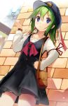  1girl against_wall alternate_costume arm_ribbon bag bike_shorts black_dress blue_eyes casual dress efe green_hair hand_on_hip hat hat_ribbon long_sleeves ribbon shiki_eiki shirt shorts_under_skirt shoulder_bag solo touhou waiting watch watch 