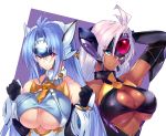  2girls ahoge android blue_eyes blue_hair breasts cleavage cyborg dark_skin elbow_gloves gloves highres kos-mos large_breasts long_hair multiple_girls negresco red_eyes silver_hair t-elos under_boob xenosaga xenosaga_episode_iii 