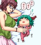  2girls animal_ears baby bare_arms bare_shoulders belly_rub bracelet breasts brown_eyes brown_hair chemise closed_eyes futatsuiwa_mamizou glasses green_hair jewelry kasodani_kyouko large_breasts leaf leaf_on_head lying multiple_girls on_back on_side open_mouth pince-nez romper skirt smile tarokii touhou young 
