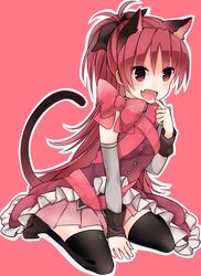  1girl aisawa_(ais0511) animal_ears blush cat_ears cat_tail fang long_hair mahou_shoujo_madoka_magica open_mouth ponytail red_eyes redhead ribbon sakura_kyouko smile solo tail thigh-highs 