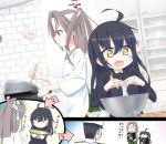  2girls admiral_(kantai_collection) apron blush_stickers cooking egg highres kantai_collection long_hair mikazuki_(kantai_collection) multiple_girls mutenka sweatdrop translation_request zuihou_(kantai_collection) 