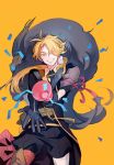  1boy asymmetrical_gloves black_gloves blonde_hair gloves grin hair_over_one_eye istkeinmal long_hair looking_at_viewer male_focus party_popper shishiou simple_background smile solo touken_ranbu yellow_background yellow_eyes 