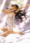  1girl ;o absurdres arm_up armpits bare_legs barefoot breasts brown_hair chemise cleavage fate_(series) green_eyes highres long_hair mikazuki_akira! nightgown on_bed one_eye_closed open_mouth scan see-through_silhouette sitting solo stretch sunlight tohsaka_rin toosaka_rin wariza yawning 