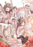  4girls ahoge bare_shoulders barefoot black_hair blue_eyes boots breasts brown_eyes brown_hair cherry cup double_bun eating food food_on_face fruit green-framed_glasses hair_ornament hairband hairclip haruna_(kantai_collection) headgear hiei_(kantai_collection) highres kantai_collection kirishima_(kantai_collection) kongou_(kantai_collection) large_breasts long_hair looking_at_another minigirl multiple_girls nontraditional_miko open_mouth plaid plaid_skirt pleated_skirt ribbon-trimmed_sleeves ribbon_trim saraki saucer short_hair sitting skirt smile spoon strawberry teacup teapot thigh-highs thigh_boots 