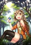  1girl backpack bag breasts brown_eyes brown_hair cleavage earphones forest gia highres long_hair nature no_bra original shorts solo thigh-highs 
