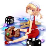  1girl ankle_socks ascot blonde_hair blood blood_on_face button_eyes checkered checkered_floor crystal dice flandre_scarlet gradient_eyes hat hat_ribbon head_tilt highres ladder legs_apart looking_at_viewer mary_janes mob_cap multicolored_eyes no_wings on_floor ribbon sharp_teeth shoes short_sleeves shounen_(hogehoge) side_ponytail sitting skirt skirt_set smile solo stuffed_animal stuffed_bunny stuffed_toy touhou 