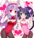  2girls animal_ears black_hair bowtie bunny_tail bunnysuit cat_ears chuchu_(show_by_rock!!) cyan_(show_by_rock!!) detached_collar drill_hair green_eyes kittysuit long_hair momichika multiple_girls pantyhose purple_hair rabbit_ears red_eyes show_by_rock!! tail wrist_cuffs 