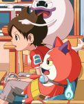  1boy absurdres amano_keita besuyama brown_eyes brown_hair candy_bar cat chair chocoboo controller couch fang game_controller ghost highres indoors jibanyan microwave notched_ear open_mouth pointing purple_lips short_hair sitting table watch watch whisper_(youkai_watch) youkai youkai_watch youkai_watch_(object) 