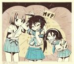  3girls ahoge artist_name bangs black_hair blush brown_hair fang hair_ornament hairband hairclip hand_behind_head hand_on_hip height_difference hyuuga_(kantai_collection) japanese_clothes kako_(kantai_collection) kantai_collection long_hair messy_hair midriff multiple_girls mvp nontraditional_miko one_eye_closed open_mouth parted_bangs pleated_skirt ponytail school_uniform serafuku short_hair shuuzen_(shu-zen) skin_tight skirt smile sparkle tanikaze_(kantai_collection) thumbs_up twitter_username undershirt 