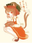  1girl animal_ears blush bow brown_eyes brown_hair cat cat_ears cat_tail chen dress earrings jewelry lowres mary_janes multiple_tails shoes simple_background squatting tail touhou translation_request yujup 