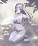  1girl breasts cleavage long_hair mabong1989 midriff monochrome original ponytail seiza sitting sketch solo 