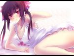  black_hair blush closed_mouth dress hair_ribbon lying no_bra on_side panties pink_eyes ribbon senki_zesshou_symphogear tsukuyomi_shirabe twintails underwear white_dress yude 