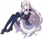  1girl artist_request black_legwear black_rose black_shoes cravat flower frilled_skirt frills gothic_lolita gothic_wa_mahou_otome hair_flower hair_ornament lolita_fashion long_hair official_art pantyhose purple_rose rose rozari_(gothic_wa_mahou_otome) shoes skirt smile solo violet_eyes white_background white_hair 