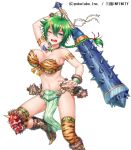  1girl aqua_eyes armlet boots breasts chouun_(sangoku_infinity) cleavage club fake_horns fur_trim green_hair jewelry kanabou komase_(jkp423) loincloth magatama navel necklace one_eye_closed oni oni_horns print_legwear sangoku_infinity setsubun simple_background single_thighhigh solo thigh-highs tiger_print wavy_mouth weapon white_background wrist_cuffs 