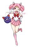 1girl ;d bishoujo_senshi_sailor_moon boots bow brooch chibi_usa double_bun elbow_gloves gloves hair_ornament hairpin hand_on_hip jewelry knee_boots luna-p magical_girl one_eye_closed open_mouth pink_boots pink_hair pink_skirt pleated_skirt red_bow red_eyes sailor_chibi_moon shainea short_hair skirt smile solo standing_on_one_leg tiara toy twintails v white_background white_gloves 