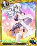  1girl artist_request bishop_(chess) card_(medium) character_name chinese_clothes feather_boa garter_straps grey_eyes grey_hair hanakai_momo high_school_dxd official_art silver_hair thigh-highs trading_cards wavy_hair 