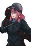  1girl akashi_(kantai_collection) alternate_hairstyle dirty_face gloves green_eyes hair_ribbon helmet kantai_collection long_hair open_mouth pink_hair ponytail ribbon solo tress_ribbon twintails welding 