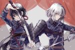  2boys black_hair gloves honebami_toushirou kohana_(ayako) male_focus military military_uniform multiple_boys namazuo_toushirou necktie petals ponytail sheath smile sword touken_ranbu uniform unsheathing violet_eyes wakizashi weapon white_gloves white_hair 