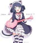  1girl animal_ears aqua_eyes bell black_hair blush cat_ears cat_tail copyright_name curly_hair cyan_(show_by_rock!!) dress gothic_lolita guitar heart_guitar instrument lolita_fashion long_sleeves looking_at_viewer marin_(myuy_3) open_mouth plectrum short_hair show_by_rock!! smile solo striped striped_legwear tail thigh-highs twitter_username 
