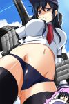  1girl akatsuki_(kantai_collection) black_hair black_legwear blue_eyes blue_panties blue_sky breasts cannon clouds comic dreaming drooling from_below futon groin hat highres kantai_collection large_breasts machinery midriff navel neckerchief nishi_koutarou no_pants older panties shaded_face sky solo thigh-highs underwear 
