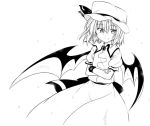  1girl bat_wings crossed_arms dress kazawa_(tonzura-d) mob_cap monochrome puffy_short_sleeves puffy_sleeves remilia_scarlet short_hair short_sleeves simple_background smile touhou white_background wings 