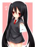  1girl black_hair foreshortening letter long_hair love_letter necktie no_pants offering original red_eyes school_uniform sleeves_past_wrists sweater twintails very_long_hair 