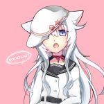  1girl animal_ears blue_eyes cat_ears flat_cap hammer_and_sickle hat hibiki_(kantai_collection) horosho kantai_collection kemonomimi_mode long_hair long_sleeves open_mouth pink_background silver_hair simple_background solo verniy_(kantai_collection) 