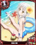  1girl artist_request blue_swimsuit bracelet card_(medium) cat_hair_ornament character_name chess_piece flower food fruit hair_flower hair_ornament high_school_dxd jewelry melon official_art rook_(chess) short_hair silver_hair swimsuit toujou_koneko trading_cards yellow_eyes 
