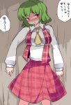  1girl against_wall blush commentary_request dress_shirt green_hair hammer_(sunset_beach) kazami_yuuka looking_at_viewer open_mouth plaid plaid_skirt plaid_vest red_eyes shirt short_hair skirt skirt_set solo touhou translation_request 