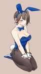  1girl animal_ears bowtie brown_eyes brown_hair bunny_tail bunnysuit detached_collar fishnet_pantyhose fishnets kaga_(kantai_collection) kantai_collection pantyhose ponke rabbit_ears short_hair side_ponytail sitting tail wariza wrist_cuffs 