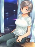  aaru_(tenrake_chaya) breasts casual chitose_(kantai_collection) denim highres jeans jewelry kantai_collection large_breasts pants ponytail ring sitting t-shirt 