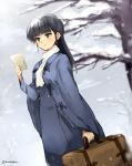  1girl bare_tree black_hair briefcase brown_eyes holding kodamari long_coat long_hair older open_mouth sakamoto_mio scarf snow solo strike_witches tree twitter_username white_scarf winter winter_clothes 