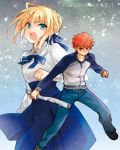  1boy 1girl blonde_hair brown_eyes emiya_shirou fate/stay_night fate_(series) green_eyes kettle21 redhead saber track_jacket 