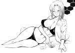  1girl ashtray bikini breasts cigarette cleavage collarbone cropped_legs fikatsia_latrova glasses jacket_on_shoulders large_breasts long_hair lying mikazuki_shigure military_jacket monochrome muvluv muvluv_alternative muvluv_total_eclipse navel on_side semi-rimless_glasses side-tie_bikini sideboob sketch smoking solo swimsuit under-rim_glasses 