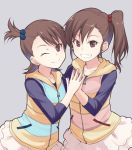  2girls brown_hair futami_ami futami_mami grin hair_bobbles hair_ornament idolmaster looking_at_viewer multiple_girls nanotsuki one_eye_closed red_eyes siblings side_ponytail sisters smile twins 