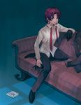  1girl bazett_fraga_mcremitz couch dress_shirt earrings fate/hollow_ataraxia fate_(series) highres jewelry partially_undressed purple_hair shirt short_hair skyfish_(naturalhoarder) solo violet_eyes 