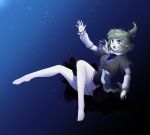  1girl arm_warmers bare_legs barefoot blonde_hair gomi_(gomitin) green_eyes mizuhashi_parsee open_mouth pointy_ears ponytail reaching_out sash scarf shirt short_sleeves skirt solo touhou underwater 