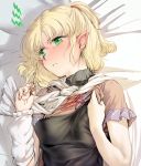  1girl angry arm_warmers blonde_hair earrings geppewi green_eyes hair_twirling jewelry looking_away mizuhashi_parsee on_bed pointy_ears ponytail scarf short_hair short_sleeves solo tears touhou upper_body 