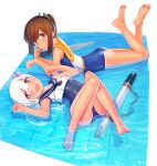  2girls ass bare_legs barefoot blue_eyes blush brown_eyes brown_hair chin_rest full_body hair_between_eyes hair_ornament highres i-401_(kantai_collection) kantai_collection kylin long_hair looking_at_viewer lying multiple_girls on_back on_stomach partially_submerged ponytail ro-500_(kantai_collection) sailor_collar school_swimsuit shiny shiny_skin small_breasts smile swimsuit swimsuit_under_clothes tan tanline torpedo wet white_hair 