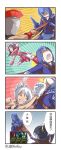  &gt;_&lt; 2boys 3girls 4koma animal_ears black_hair blood bunny_girl chinese comic fang gameplay_mechanics gloves green_eyes helmet highres hooded_cloak irelia kicking league_of_legends multiple_boys multiple_girls one_eye_closed open_mouth pantheon_(league_of_legends) polearm ponytail punching rabbit_ears riven_(league_of_legends) shauna_vayne spear sunglasses talon_(league_of_legends) translated uppercut weapon white_hair wongyu 