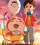  1boy absurdres amano_keita belt besuyama blush boots breathing_on_hands brown_eyes brown_hair cat fangs ghost highres jacket jibanyan multiple_tails notched_ear open_clothes open_jacket open_mouth outdoors purple_lips short_hair star tail two_tails walking watch watch whisper_(youkai_watch) youkai youkai_watch youkai_watch_(object) 