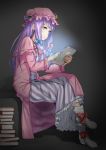  1girl aqua_eyes bow crossed_legs hair_bow hat long_hair neo-masterpeacer patchouli_knowledge purple_hair reading sitting solo tablet_pc touhou 